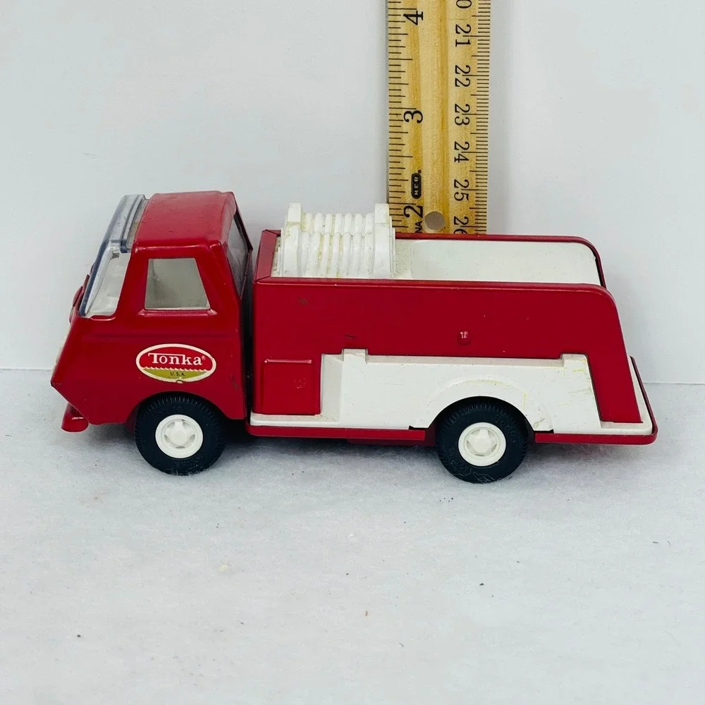Vintage Tonka USA Pressed Steel Fire Truck Pumper Red White Toy Cabover 5 Inch